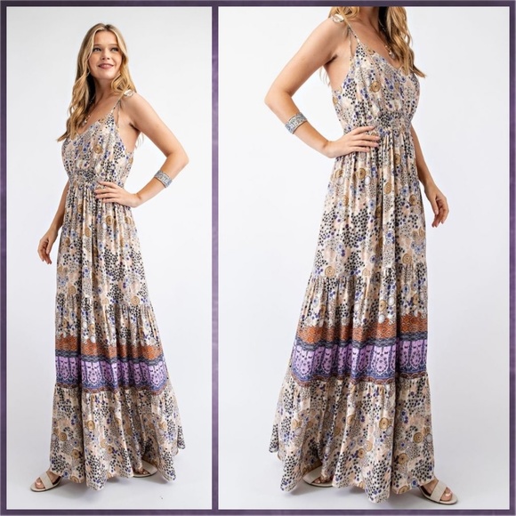 EASEL "Summer Dreams" Sexy Tiered Flowy Maxi Dress Smocked Waist Self-Tie Straps - Picture 5 of 15